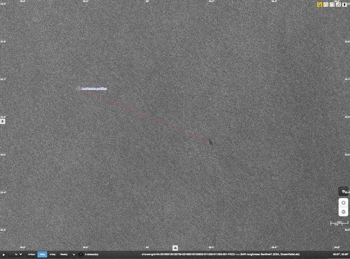 Imagen obtenida por Sentinel 1A sobre la posible mancha del vuelo EgyptAir